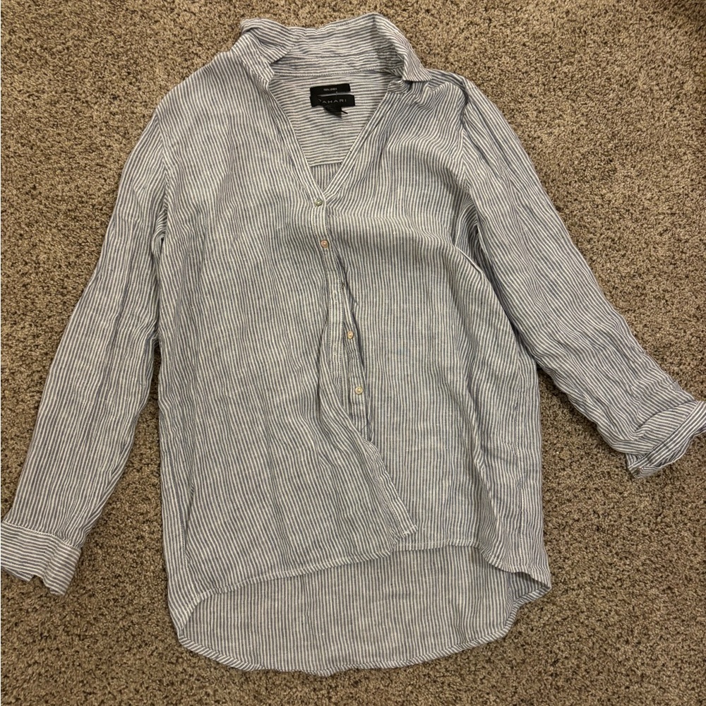 Tahari Blue Linen Striped Button Down Shirt